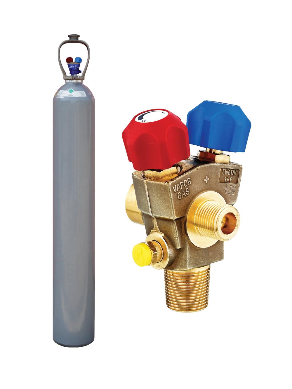 Kombinált duplaszelepes palack: külön szelepen keresztül nyerhető ki a gáz halmazállapotú CO₂ (piros szelep) és a cseppfolyós CO₂ (kék szelep).